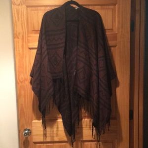 Aztec Print Poncho Cardigan with Fringe